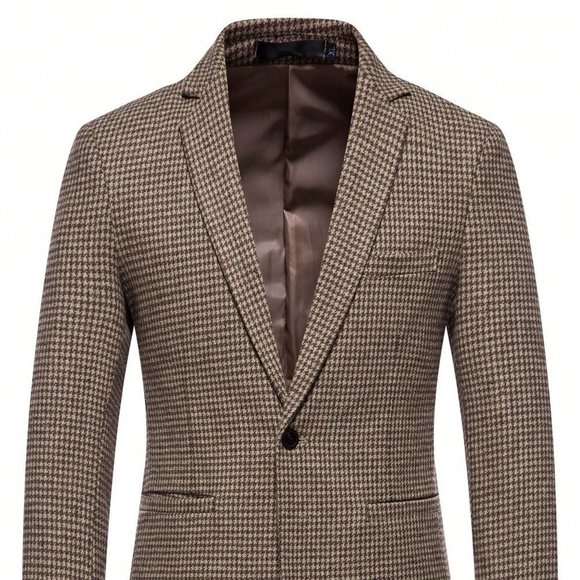 . Other - Brown Casual Mens Houndstooth Single Button Tweed Blazer